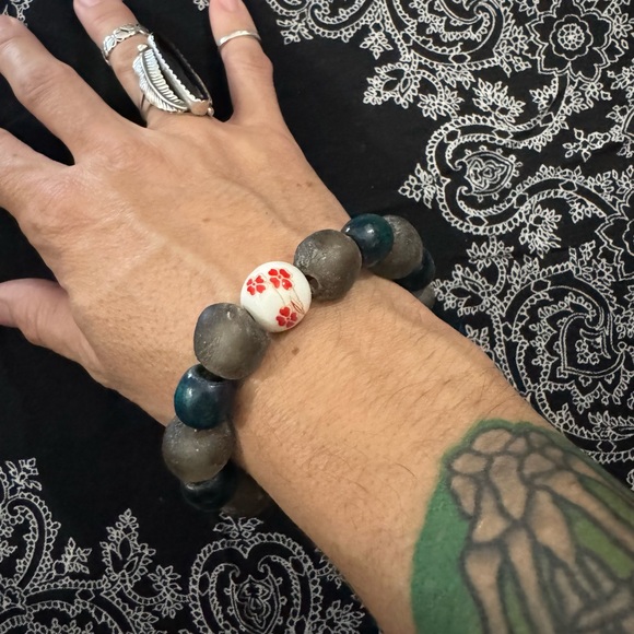 JUNGLE HIPPIE BRACELET - handmade sea glass, wood, ceramic - one of a kind - Picture 2 of 7
